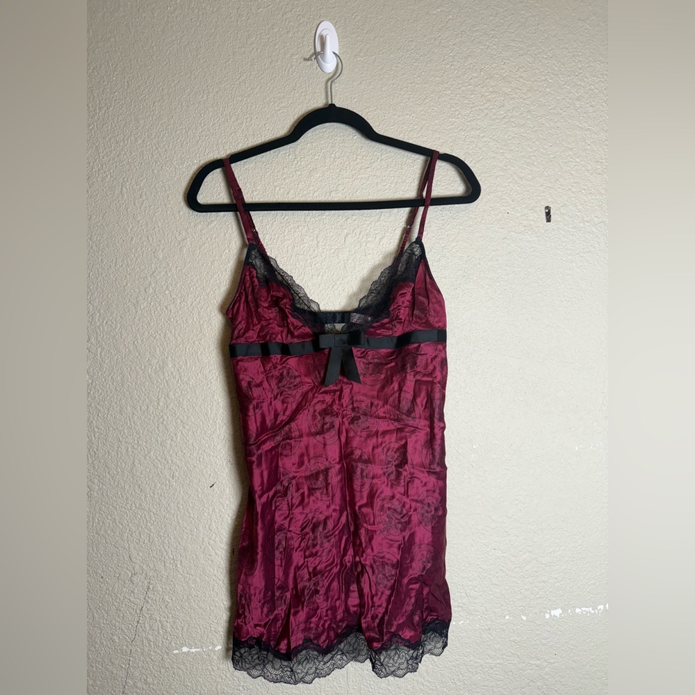 Victoria's Secret Burgundy Satin Chemise with Black Lace